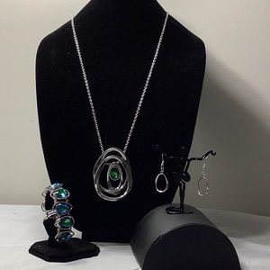 Silver toned green gem stone necklace, and bracelet with silver earrings